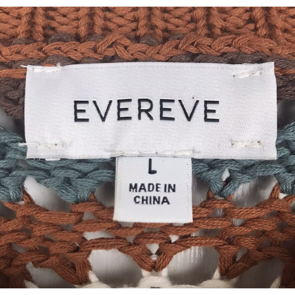 Evereve Open Knit Sweater Short Sleeve 100% Cotton Brown Blue White Stripe Large - Picture 7 of 8
